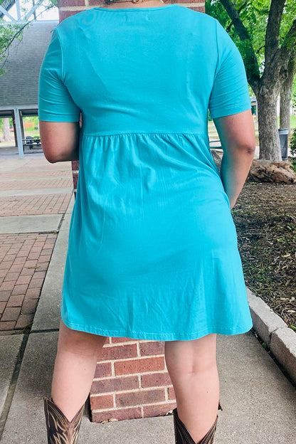 Western blue short sleeve women boutique dress w/pockets GJQ14589-2