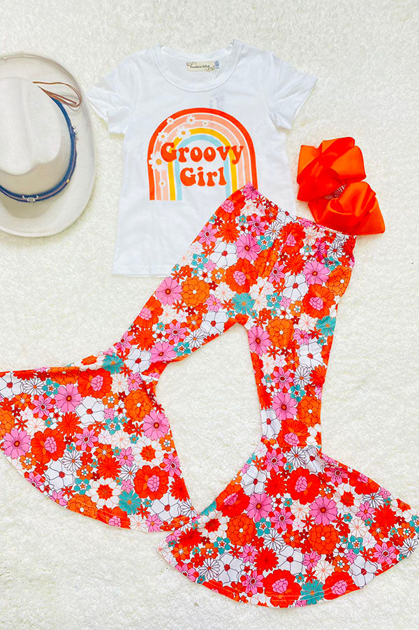 XCH0333-13H "Groovy Girl" top & floral bell bottom 2ps girls sets