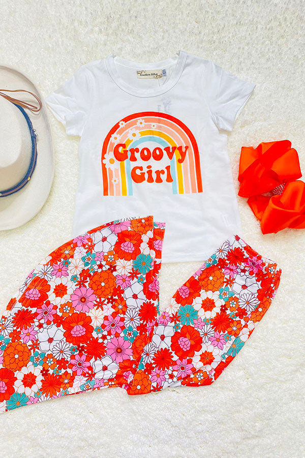 XCH0333-13H "Groovy Girl" top & floral bell bottom 2ps girls sets