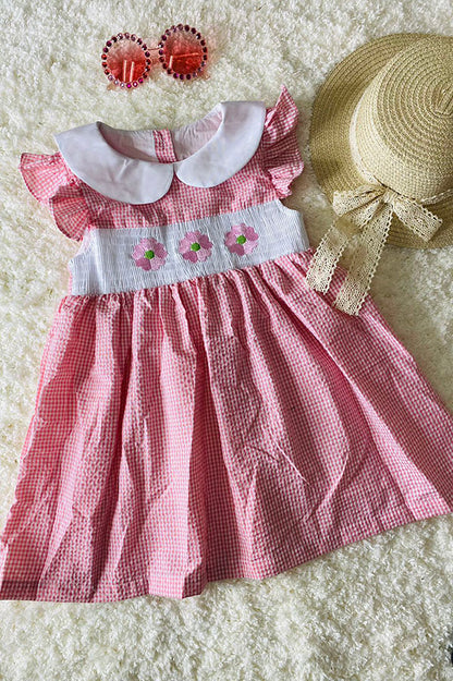 Pink flower embroidery flutter smocking girls dress DLH2362