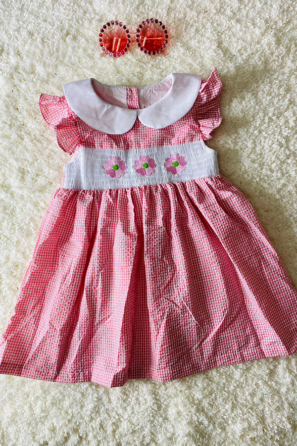 Pink flower embroidery flutter smocking girls dress DLH2362