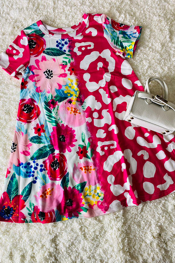 Western floral & Leopard prints short sleeve girls boutique dress XCH0020-3H