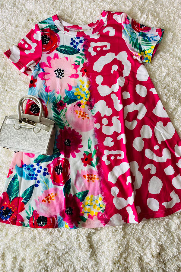 Western floral & Leopard prints short sleeve girls boutique dress XCH0020-3H