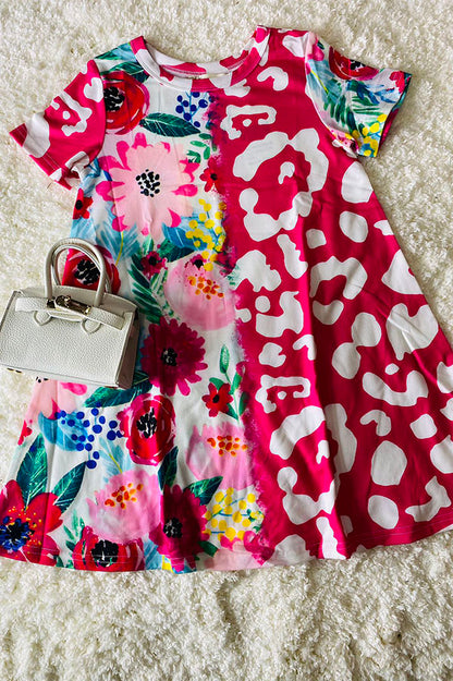 Western floral & Leopard prints short sleeve girls boutique dress XCH0020-3H