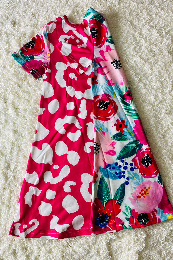 Western floral & Leopard prints short sleeve girls boutique dress XCH0020-3H