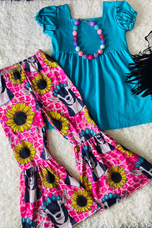 Pink cheetah, goats, & sunflowers w/turquoise top 2pc set 1114WY