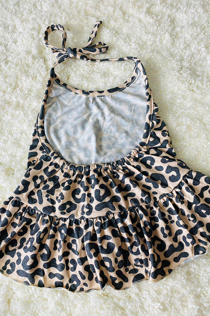 DLH2490 Kids leopard print tied sleeveless tank top with trim