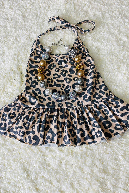 DLH2490 Kids leopard print tied sleeveless tank top with ruffle