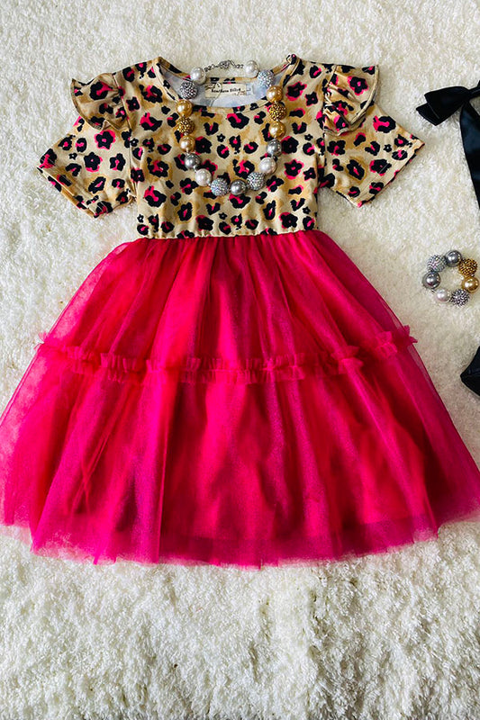 Kids pink leopard & chiffon swirl girls dress w/short sleeve XCH0017-17H