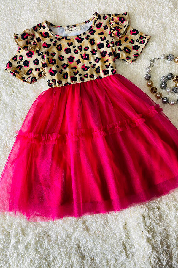 Leopard & tulle swirl girls dress w/tie belt XCH0017-17H