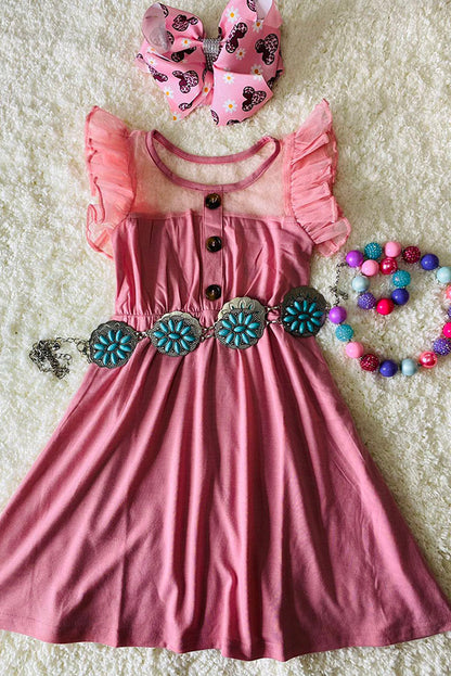 XCH0888-18H Rose pink tulle ruffle sleeve girls dress