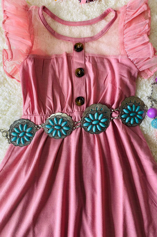 XCH0888-18H Rose pink tulle ruffle sleeve girls dress