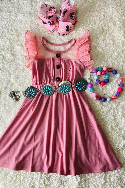 XCH0888-18H Rose pink tulle ruffle sleeve girls dress