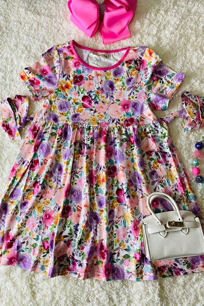 XCH0888-3 Multi color floral printed short sleeve girl dress w/side belt