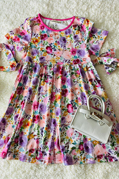 XCH0888-3 Multi color floral printed short sleeve girl dress w/side belt