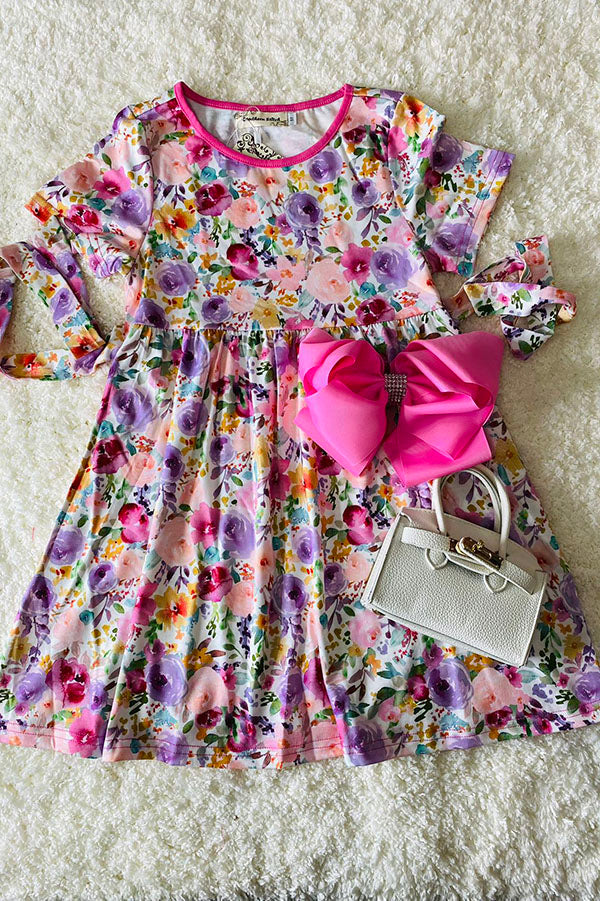 XCH0888-3 Multi color floral printed short sleeve girl dress w/side belt