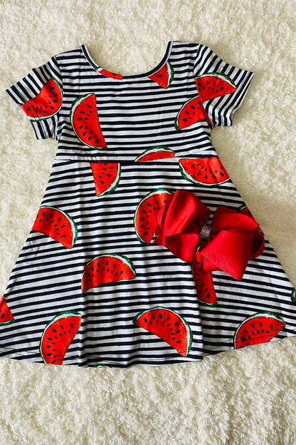 Black & white stripes w/watermelons girls short sleeve dress XCH0555-3H