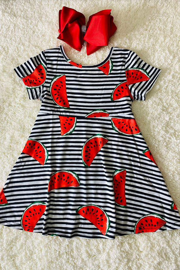 Black & white stripes w/watermelons girls short sleeve dress XCH0555-3H