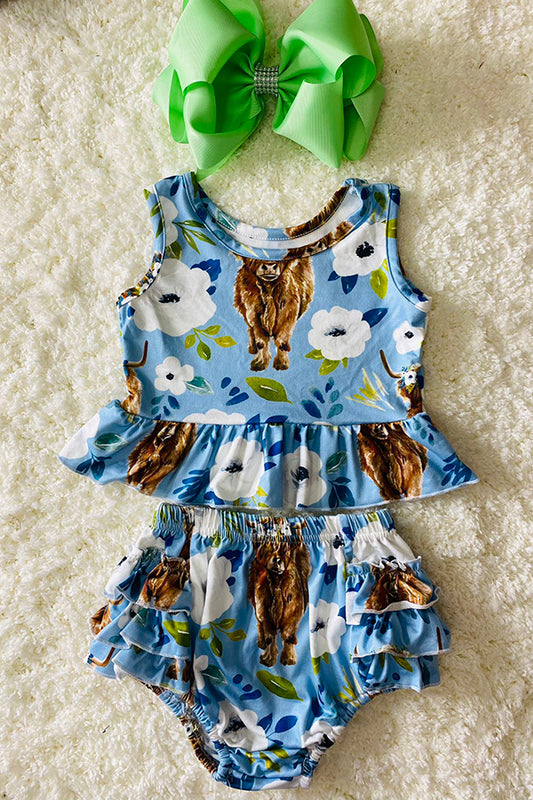 Blue floral & Cow prints infant baby clothing sets DLH2530