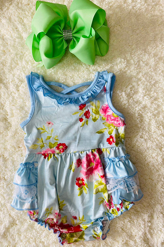 Light blue floral ruffle sleeveless baby romper DLH2518