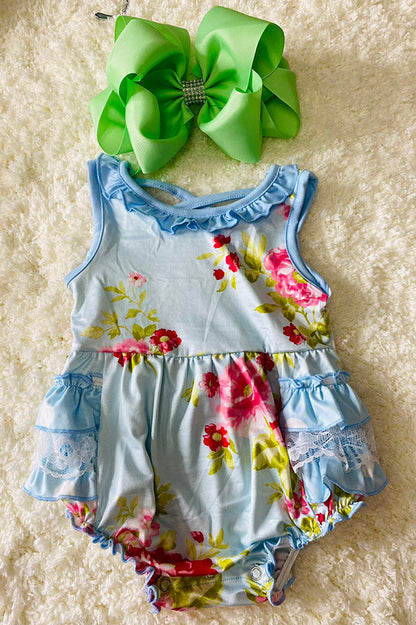 Light blue floral ruffle sleeveless baby romper DLH2518