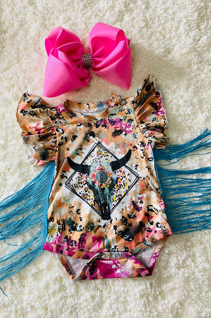 DLH2313 Bull skull printed onesie w/turquoise fringe tassels