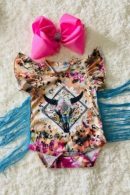 DLH2313 Bull skull printed onesie w/turquoise fringe tassels