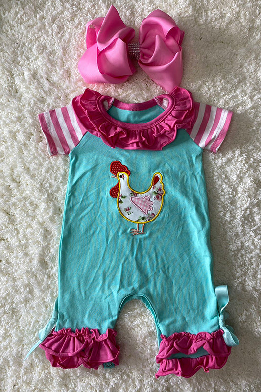 Aqua & hot pink embroidered chicken ruffle baby romper DLH2511