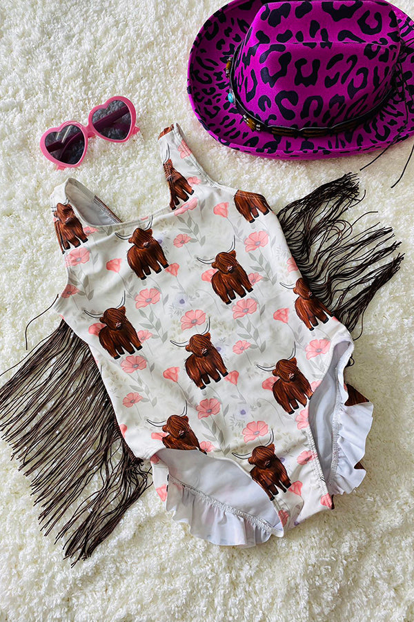 Cow printed girl bathing suite w/fringe tassels DLH2457