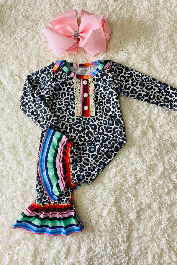 DLH1017-1  Blue leopard long sleeve baby rompers with serape prints ruffle