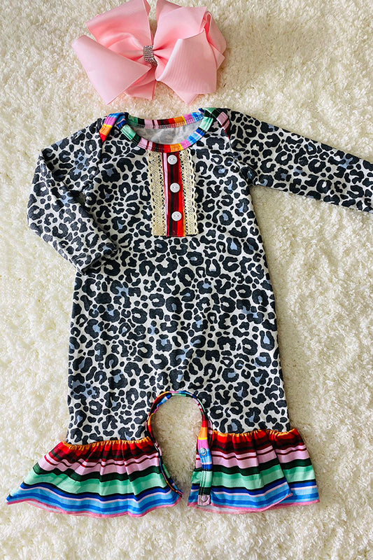 DLH1017-1  Blue leopard long sleeve baby rompers with serape prints ruffle