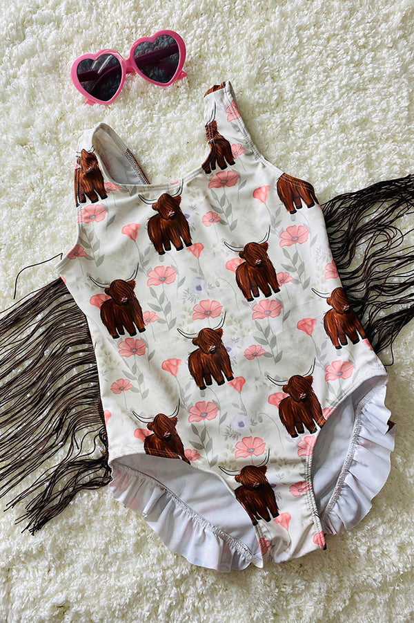 Cow printed girl bathing suite w/fringe tassels DLH2457