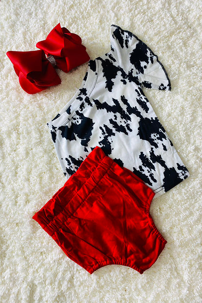 XCH0666-21H Cow print top red shorts baby outfit sets