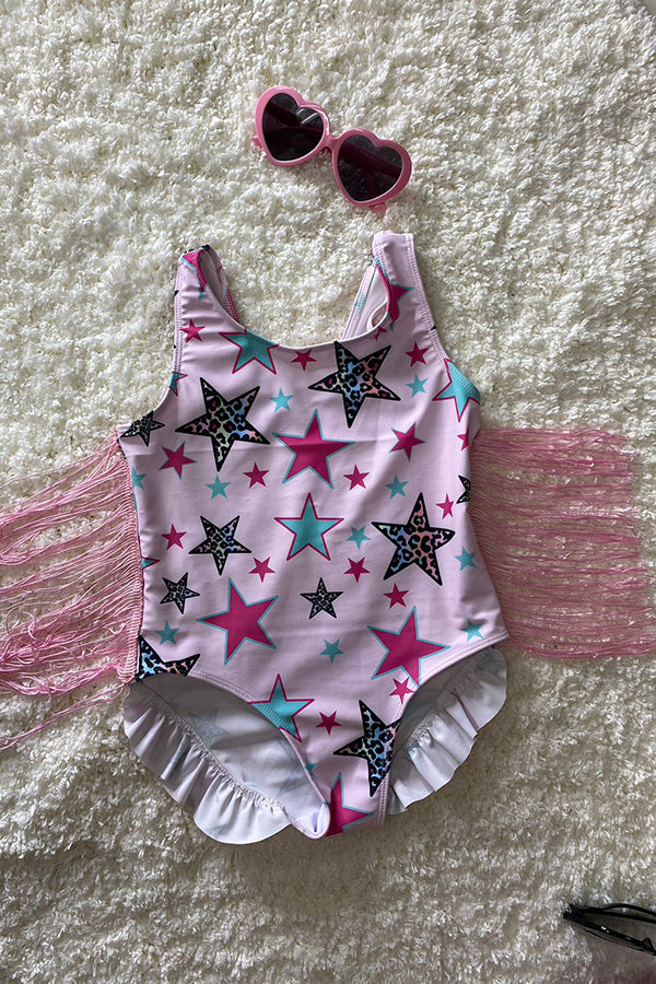 Pink star printed bathing suite w/fringe tassels girls swimsuit DLH2458