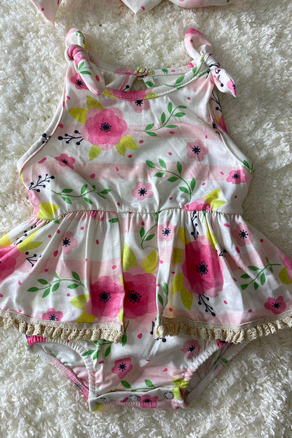 Pink floral & stripes w/lace baby romper & matching headband DLH2407