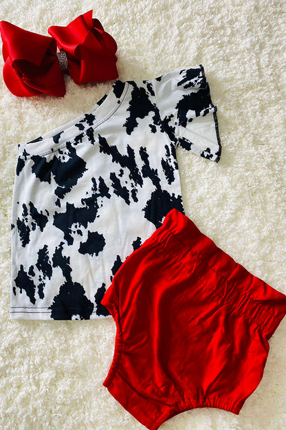 XCH0666-21H Cow print top red shorts baby outfit sets