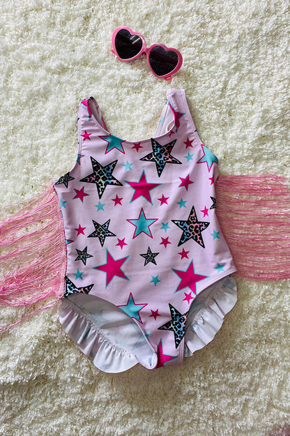 Pink star printed bathing suite w/fringe tassels girls swimsuit DLH2458