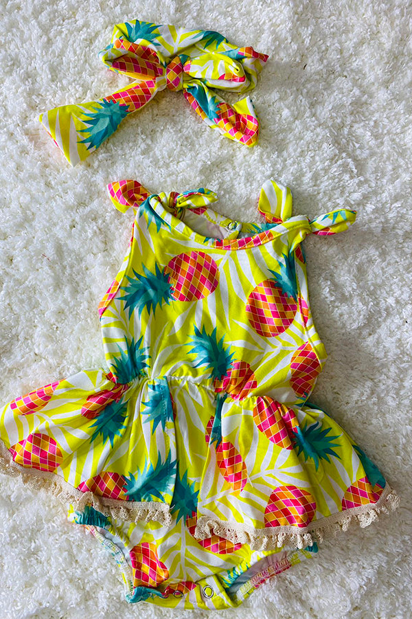 Yellow pineapples baby romper w/matching headband DLH2433