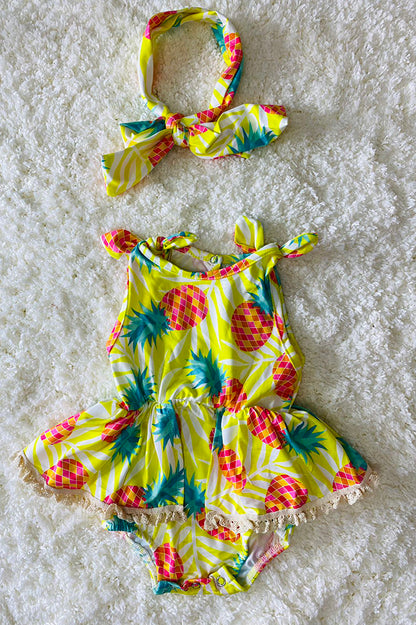 Yellow pineapples baby romper w/matching headband DLH2433