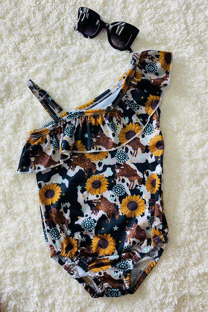 Western One piece Cow & sunflower printed girl swimsuit 12014MZ