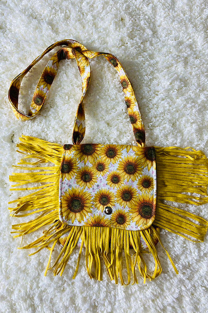 DLH2562 Yellow sunflower prints girls purse bag with yellow fringe