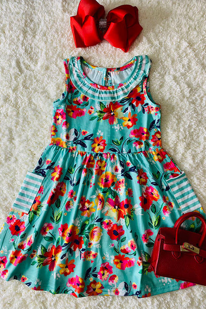 XCH0888-14H Green multicolor floral print w/stripped pockets girls dress