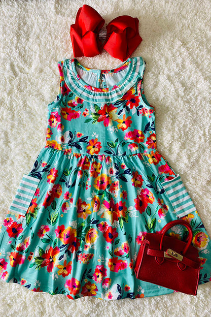XCH0888-14H Green multicolor floral print w/stripped pockets girls dress