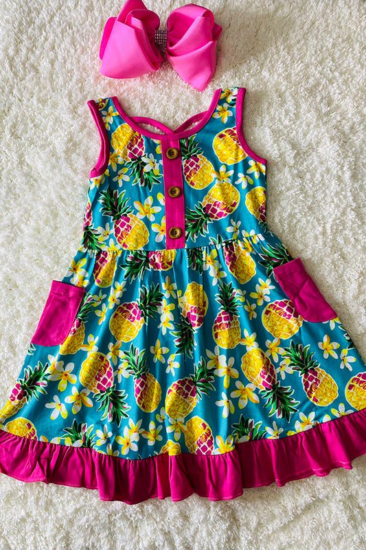 XCH0888-12H Pineapple printed sleeveless swirl ruffled girls dress