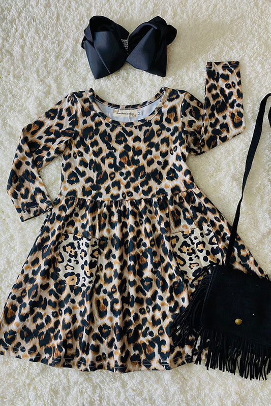 XCH0555-26H Leopard printed long sleeve girls dress with pockets