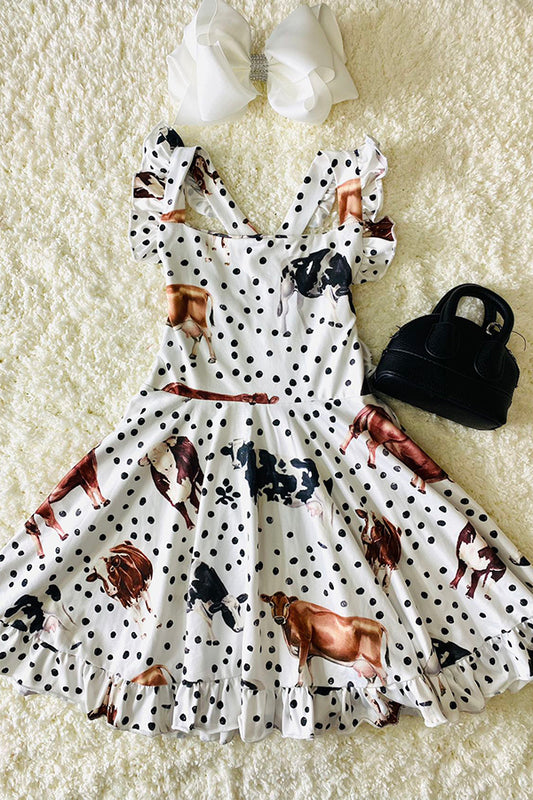 Cows & polka dots swirl w/crisscross back dress DLH2316