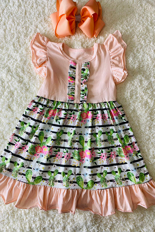 DLH1215-29 Soft peach stripped w/cactus swirl ruffled dress