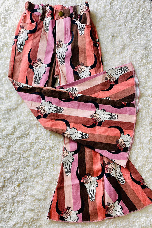 Westerb Bull prints pink denim bell bottom girls pant DLH2767