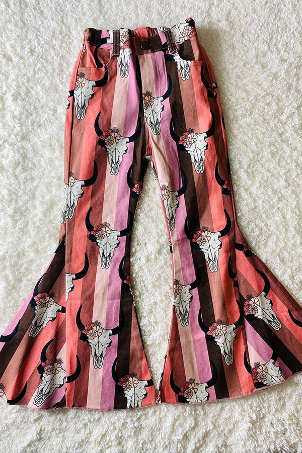 Westerb Bull prints pink denim bell bottom girls pant DLH2767