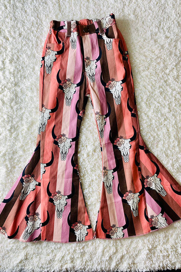 Westerb Bull prints pink denim bell bottom girls pant DLH2767